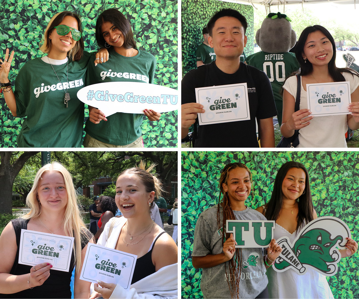 Four photos of smiling students holding "Give Green" signs at Tulane University.