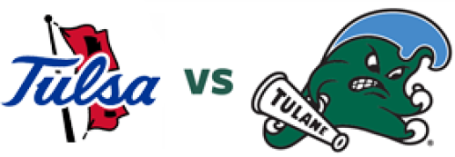 Tulsa Drillers logo (red flag with blue text) vs. Tulane Green Wave logo (green wave, bat).
